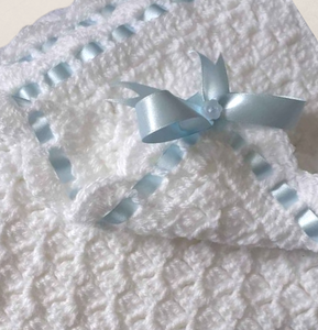 C2C Crocheted Baby Blanket White and Blue