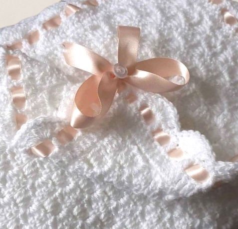 C2C Crocheted Baby Blanket White and Peach